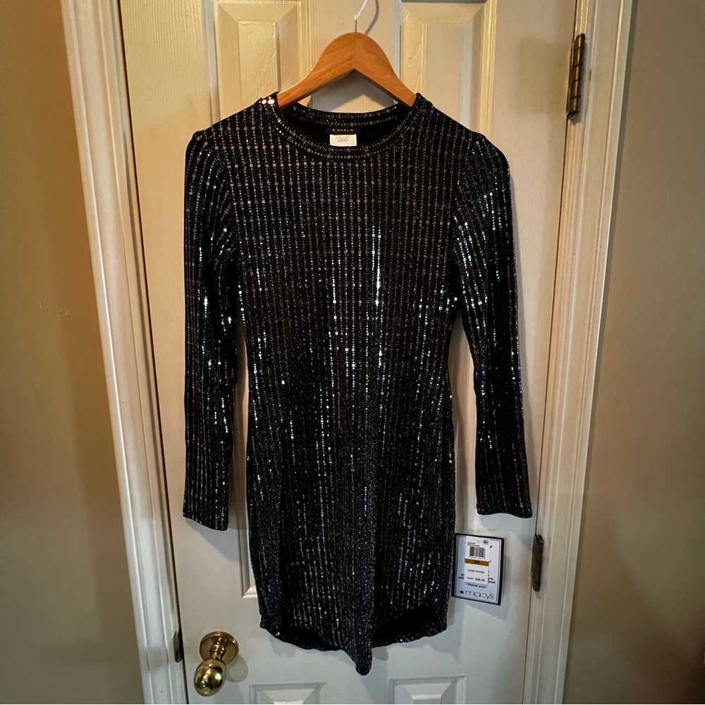 B. DARLIN Black Gunmetal Long Sleeve Sequins Dress- Size 3/4 Juniors- NWT